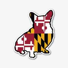 A sticker in the shape of a corgi sitting down with the Maryland flag silhouette.