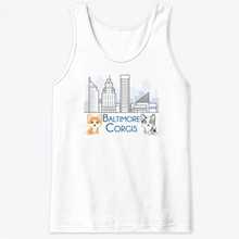 A photo of white tank top with cartoon corgis and the Baltimore cityscape.